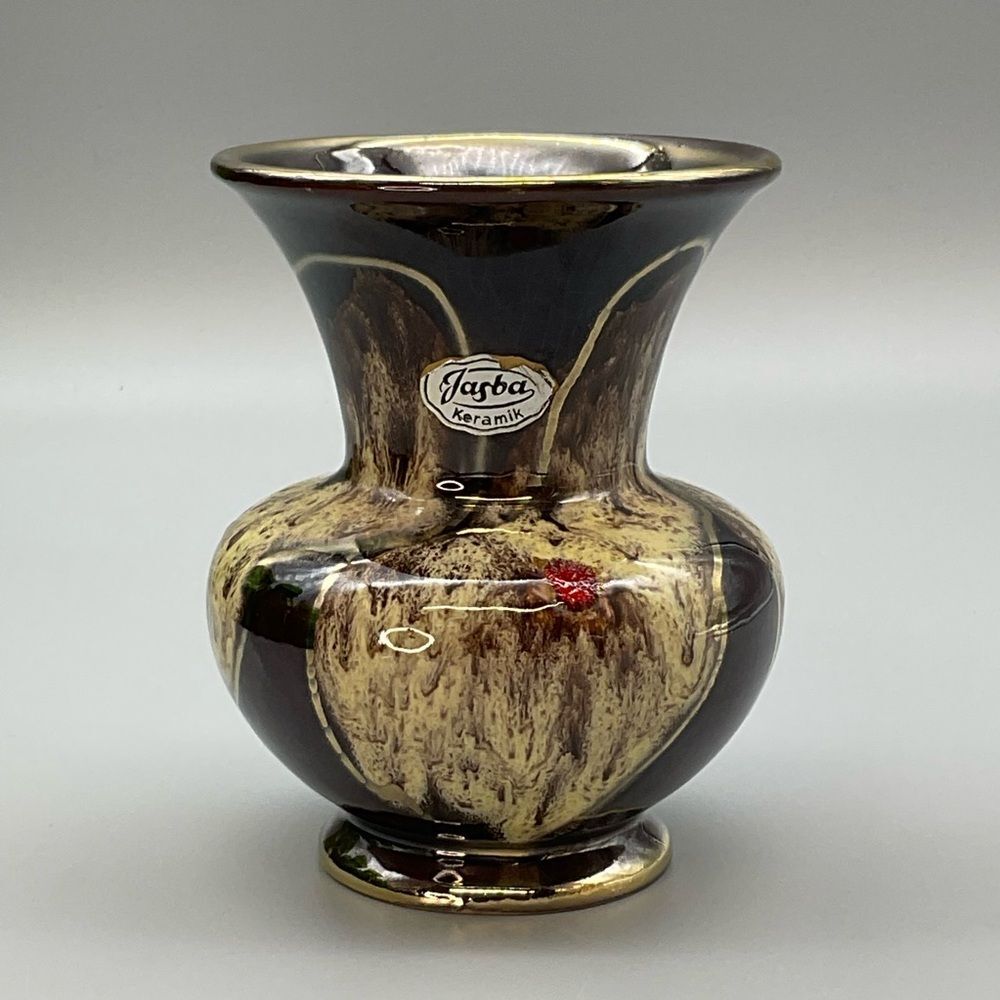 MCM Jasba Keramik German Pottery Drip Glaze Gold Rim Ceramic Vase 1960s